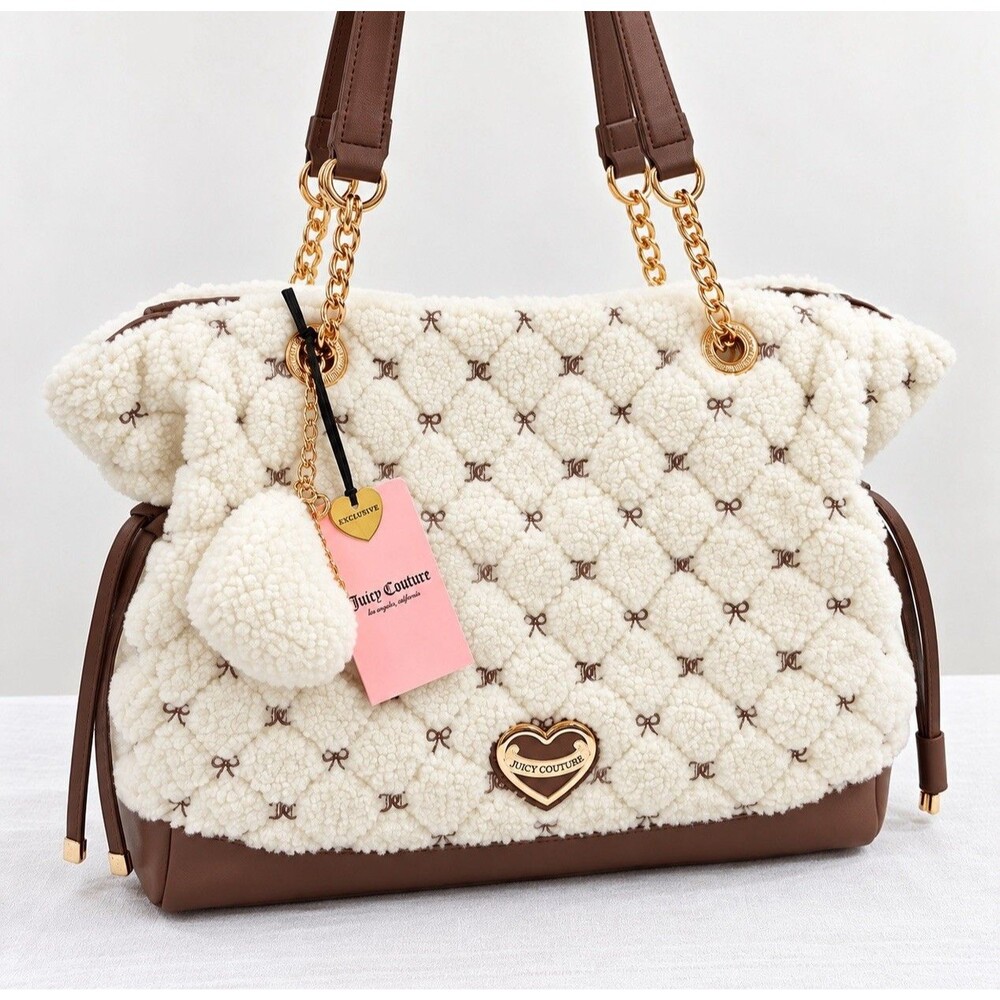Juicy Couture Lovely Day Tote Bag Cream Iced Coffee Sherpa W/Heart Charm NEW